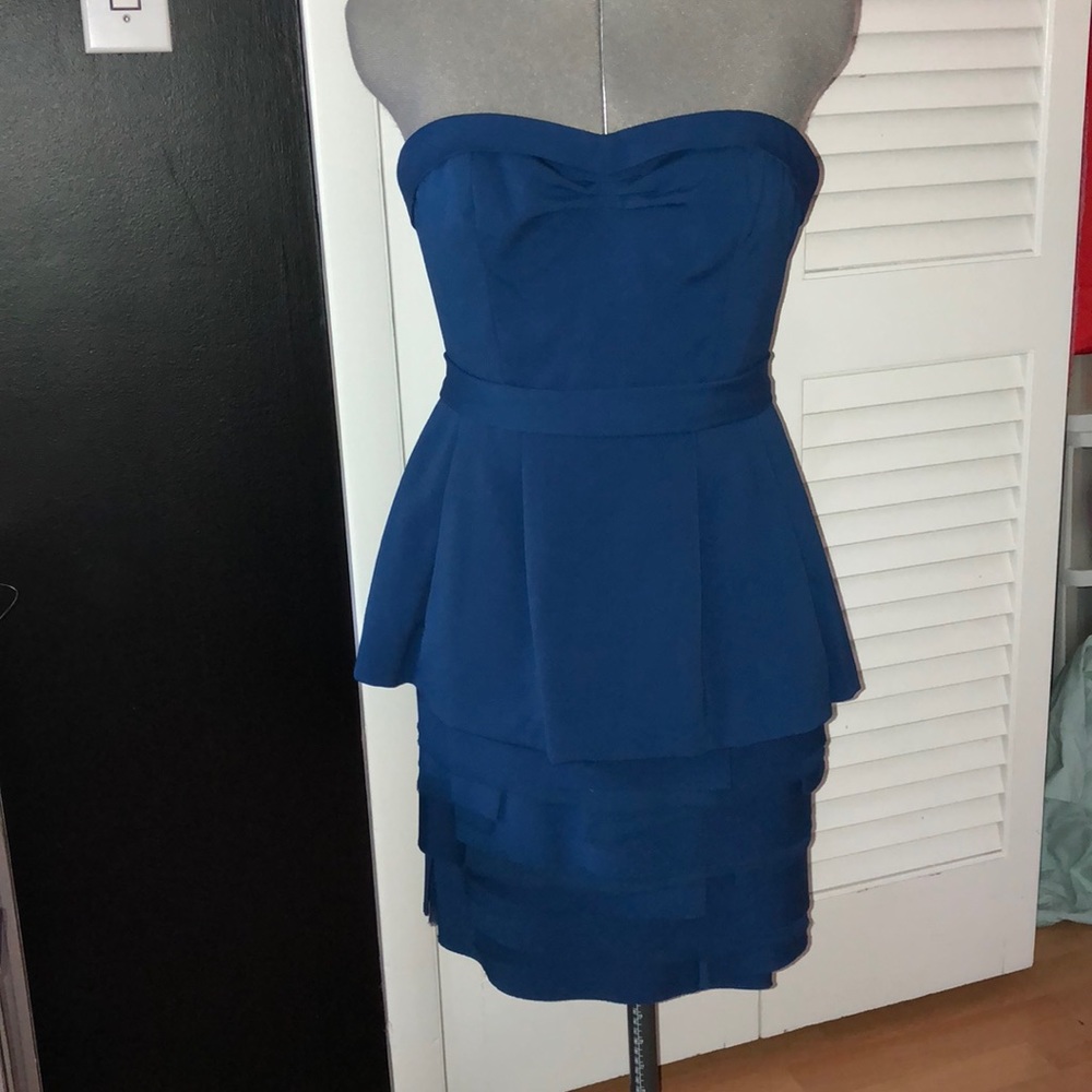 blue BCBG strapless formal mini dress